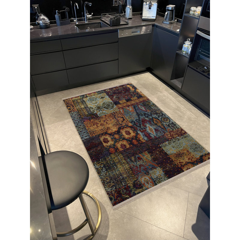 Tapis décoratif multicolore à motif traditionnel frangé, Rectangle 3 pi 4 po x 6 pi 7 po