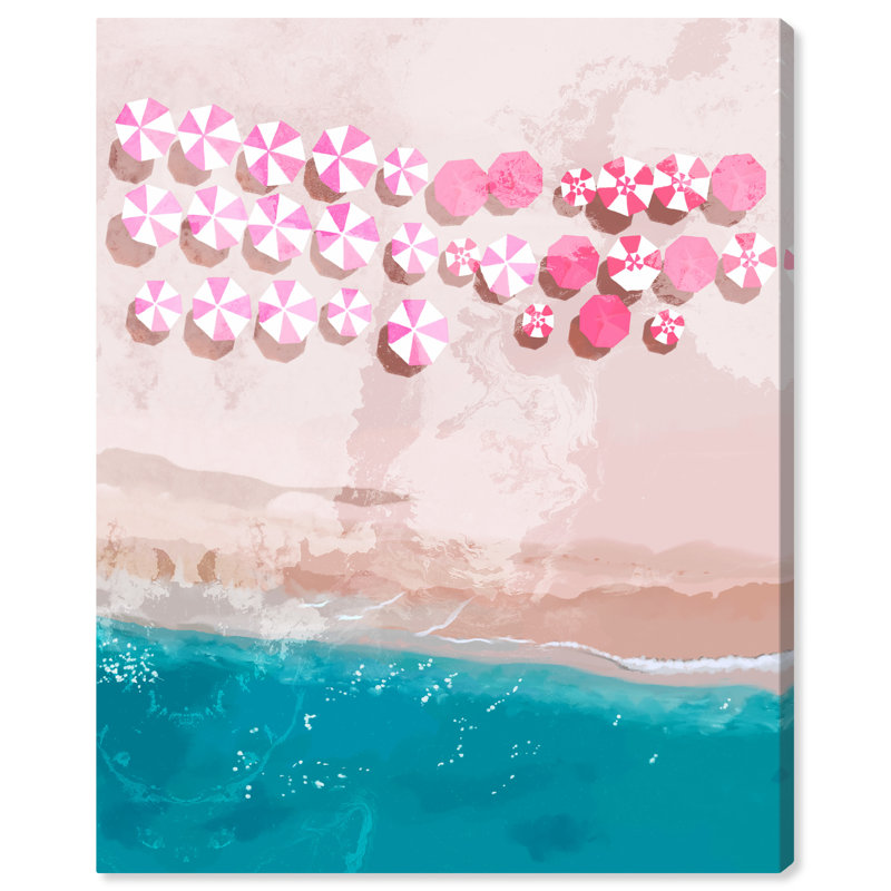 Parasol de plage rose, été bleu océan côtier Glam - peinture, H 36 po x l 30 po x P 1,5 po, Toile tendue