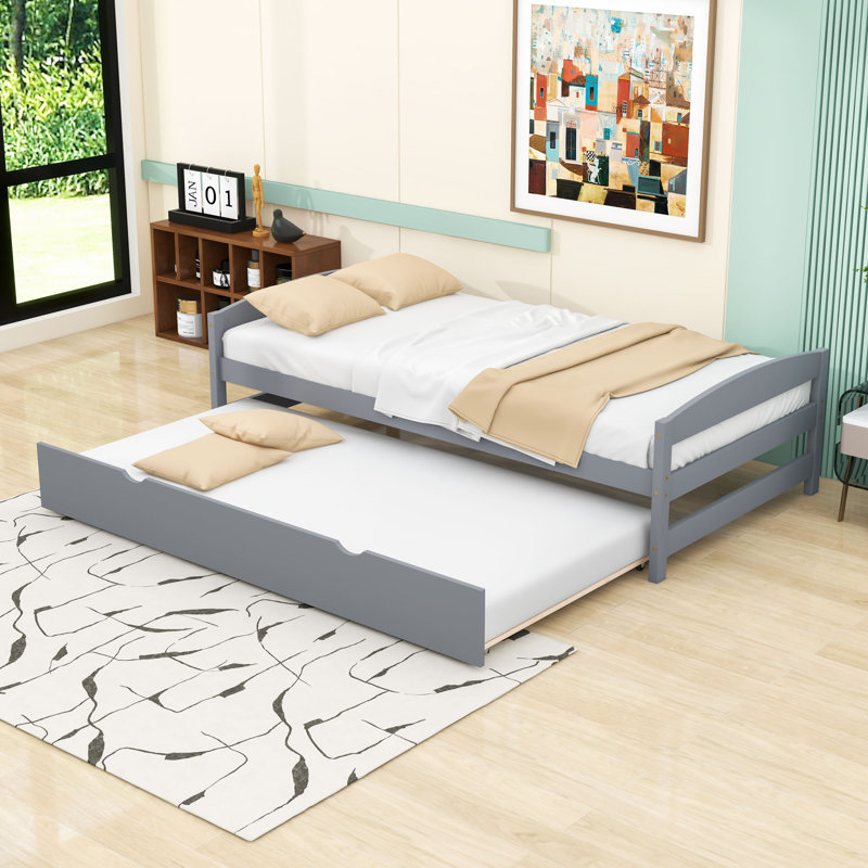 Lit plateforme simple avec lit gigogne simple, tête et pied de lit, Gris