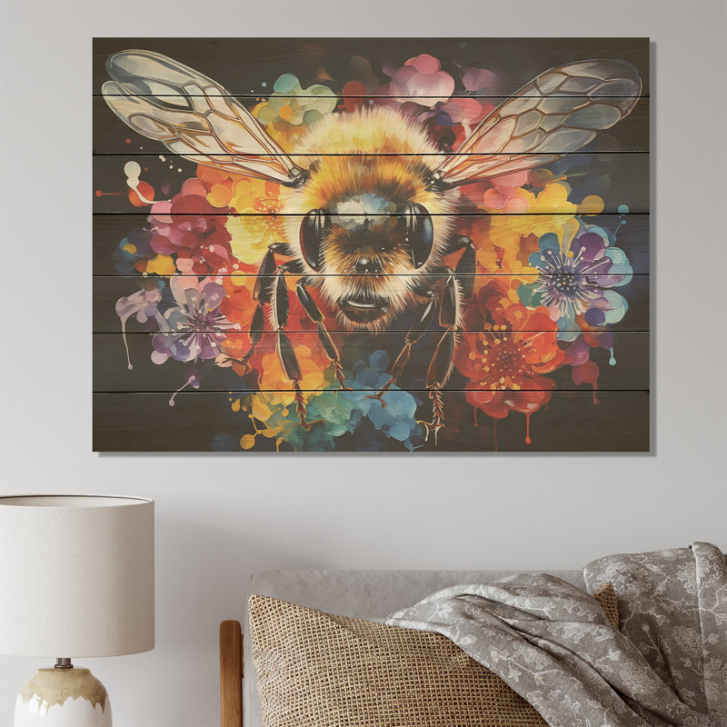 Colorful Buzzing Bees - Insects & Bugs On Wood Print, 10" H x 20" W x 0.78" D