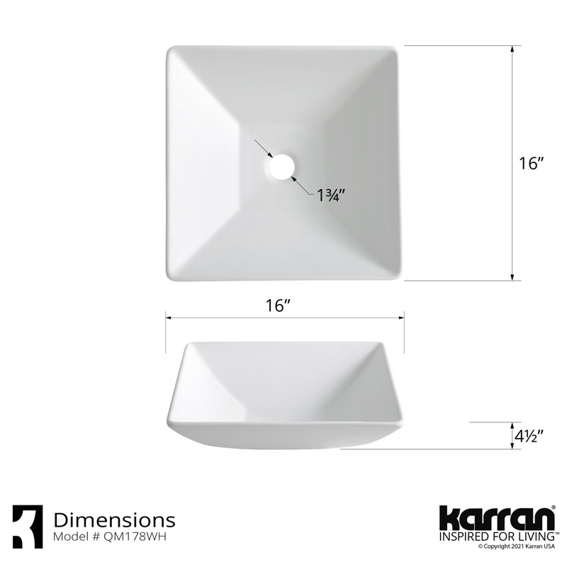Lavabo vasque carré en acrylique blanc mat 16 po x 16 po Karran Quattro