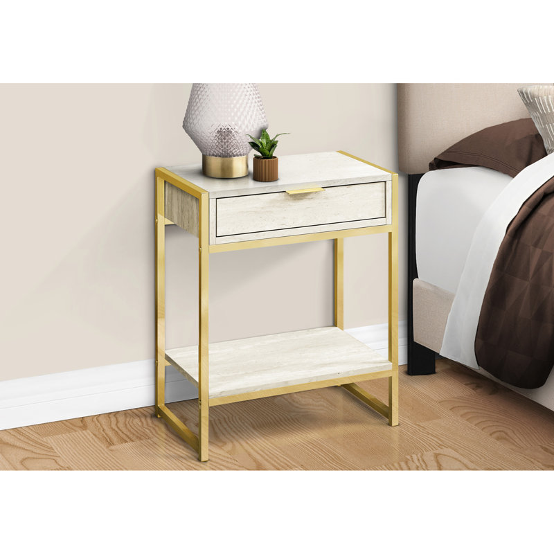 Table d'appoint en marbre beige avec tiroir spacieux et tablette en métal