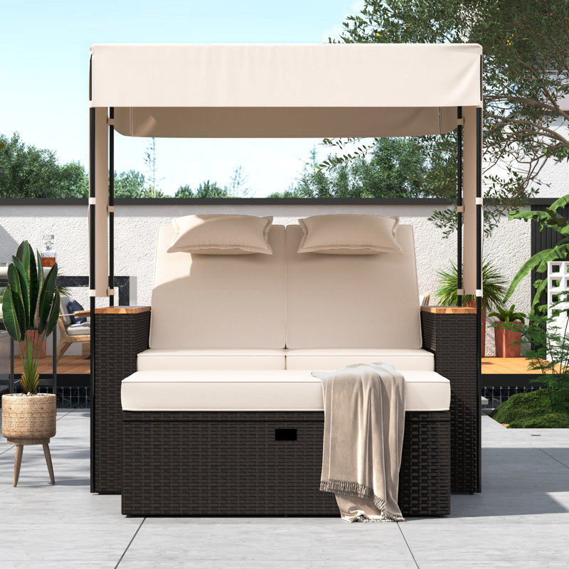 Quynhnhu 57'' Wide Wicker Patio Daybed with Cushions, Beige/Black
