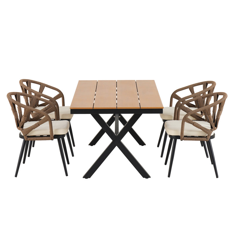 U_Style Contemporary Outdoor Set With PE Rattan Chairs And Plastic Wood Table, Brown