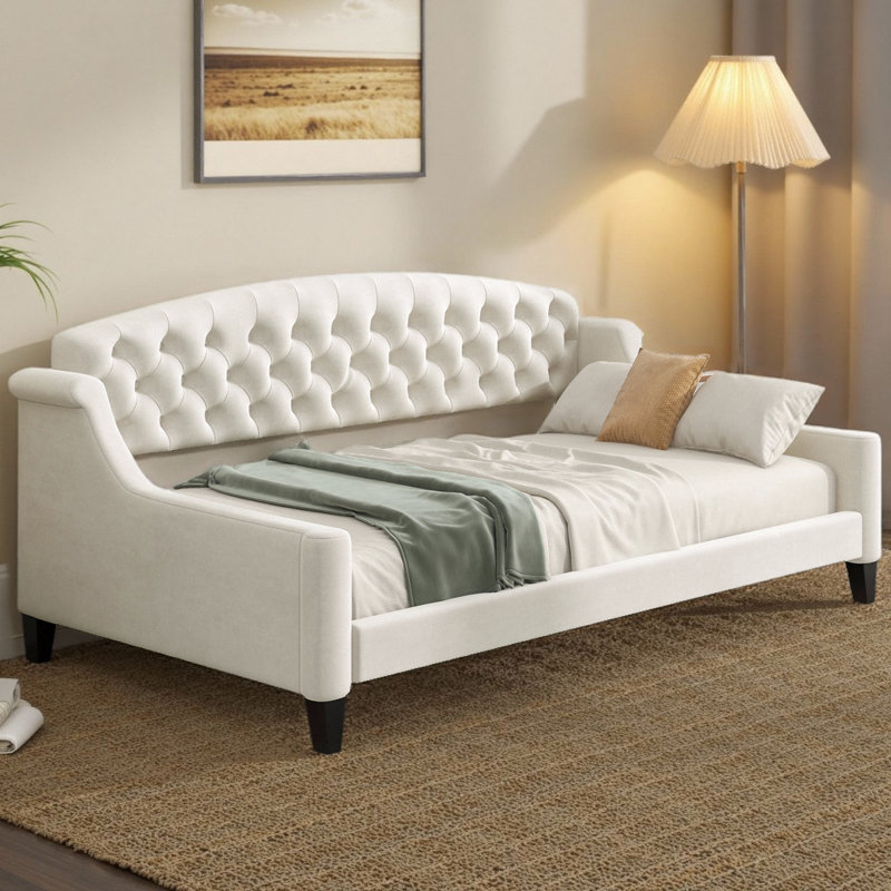 Lit de jour rembourré à double fonction de luxe moderne, Beige, Lit simple