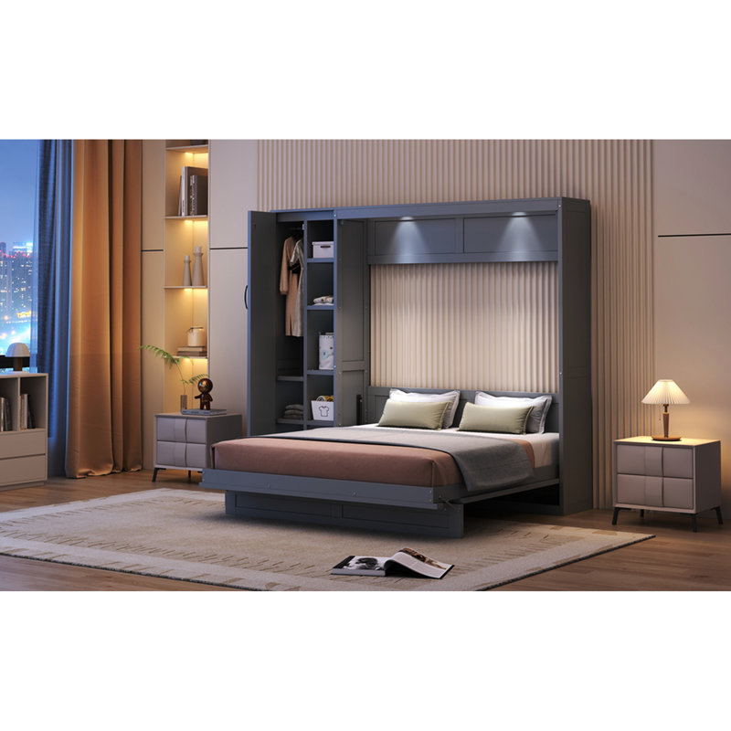 Grand lit gris avec tablettes fonctionnelles et porte-matelas confort, Grand lit, Gris