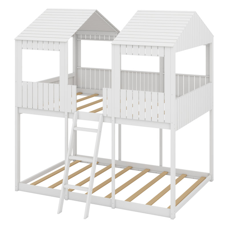 Woodbunk Bed With Roof,Window,Guardrail,Ladder, White