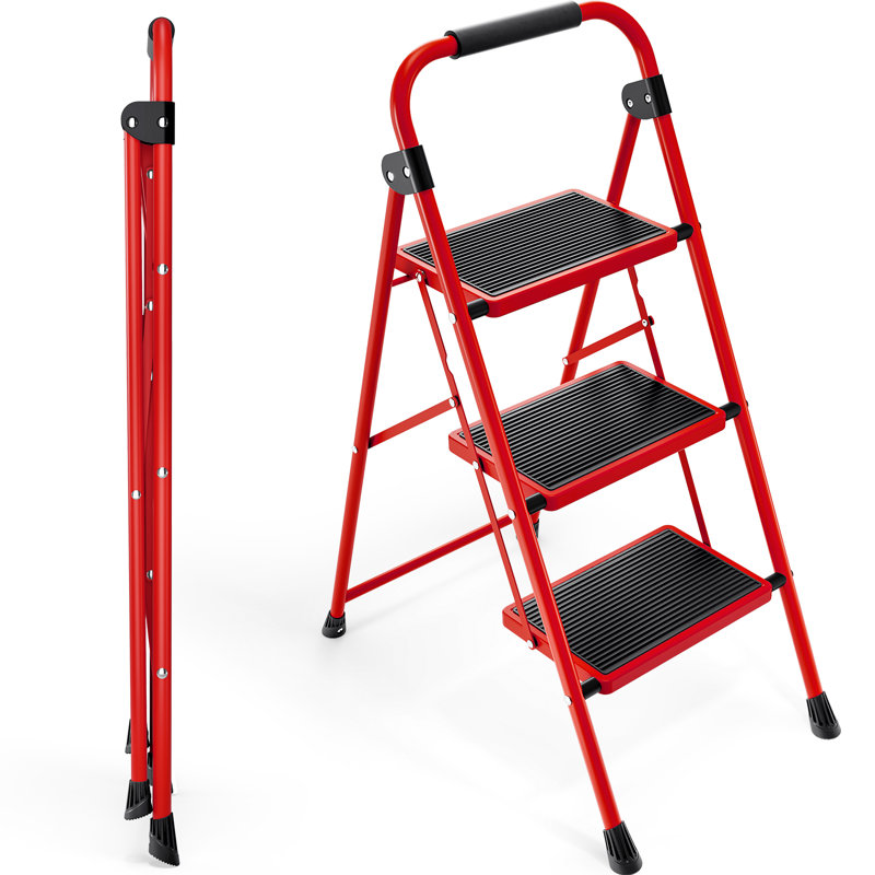 3 - Step Steel Folding Step Ladder, Red
