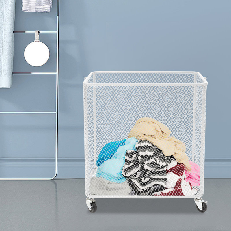 Mesh Hamper Laundry Basket Cart With Wheels, White