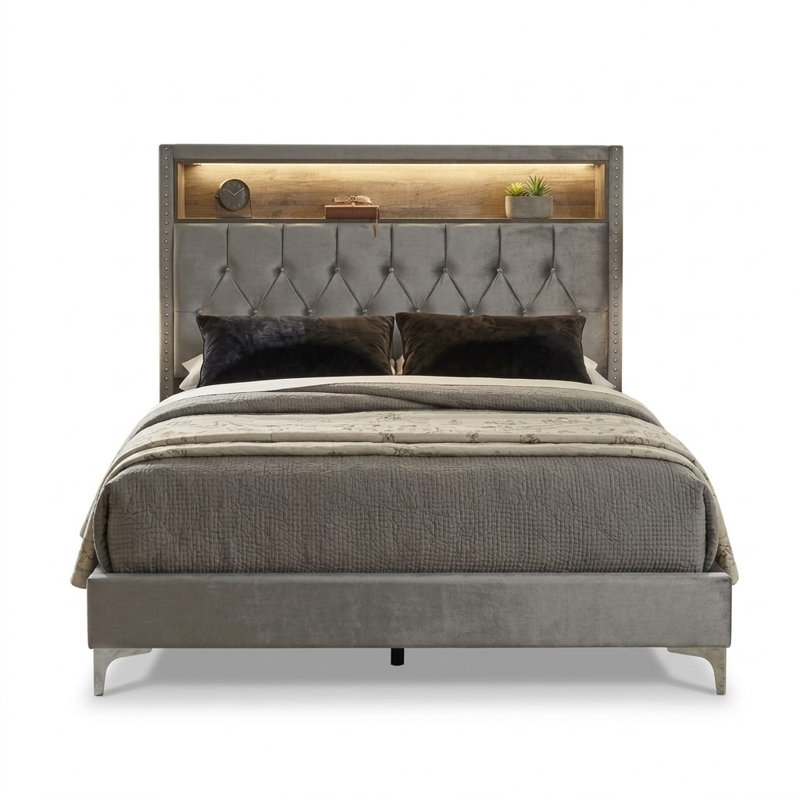 Lit capitonné standard avec rangement capitonné, Double, Gris argenté