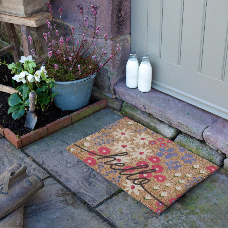 Hello Scribbly Floral Coir Doormat, Brown, 40cm W x 60cm L