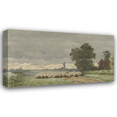"Landscape with a Flock of Sheep" by  Cornelis Willem Hoevenaar Ii - Gallery Wrap Canvas Wall Art