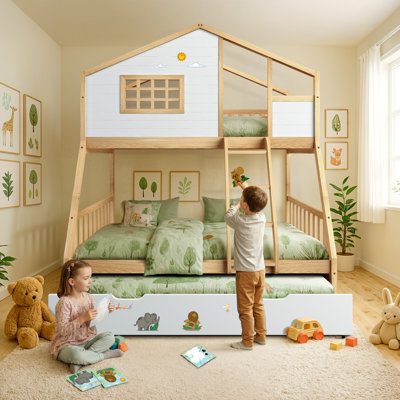 Treehouse Heavy Duty Wood Staircase Twin over Full Bunk Beds with Trundle