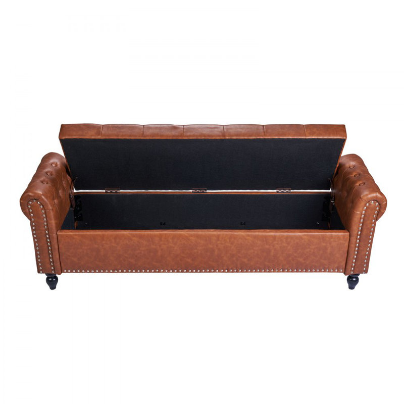 Button-Tufted Storage Ottoman Bench Rolled Arm PU Leather Wood Legs, Brown