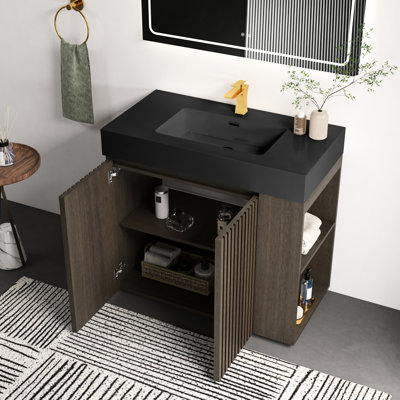Meuble-lavabo sur pied 36 po en chêne fumé, armoire cannelée, poignées dissimulées, tablettes réglables, rangement spacieux à une porte sans robinet, usure silencieuse