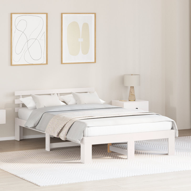 Bed Frame with Headboard Solid Pine Wood, Double (4'6), White