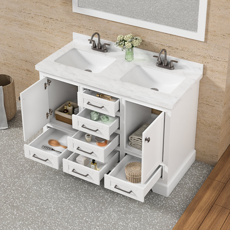 Linsay 48'' Double Sink Bathroom Vanity with Engineered Marble Quartz Top, Fully Assembled, White