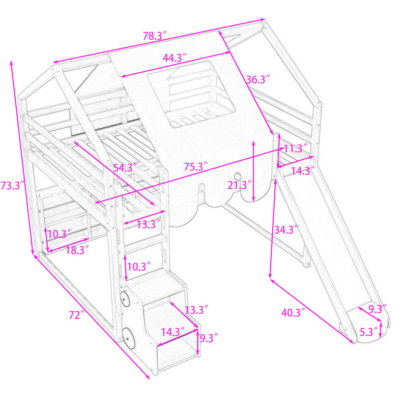Lit mezzanine en bois avec structure en forme de maison, glissoire, tente et rangement, Double, Blanc / Rose