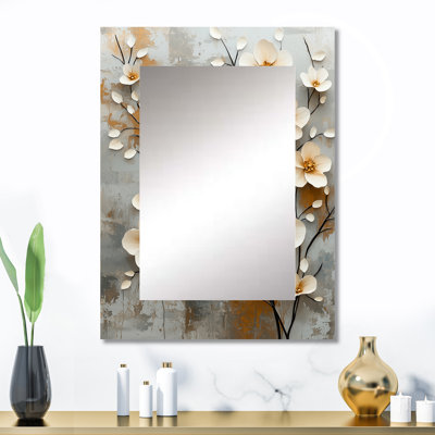 Impressions botaniques blanches et blanches I - décor de miroir mural cerisier en fleurs, grand miroir traditionnel, impression d'art en métal