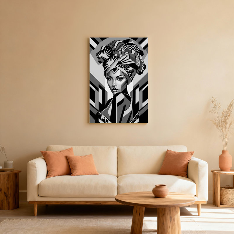 Tableau géométrique représentant une femme africaine coiffée d'un foulard, sur toile tendue (lot de 1)., H 30 po x l 20 po