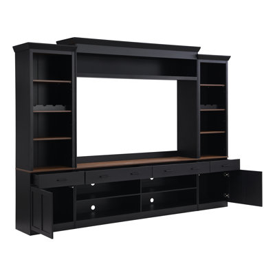 Meuble audio-vidéo Farmhouse 4 pièces avec bibliothèque pour téléviseur de 70 po ou moins, meuble télé en noyer avec tablettes réglables, console média Mid-Century avec porte-bouteilles pour le salon