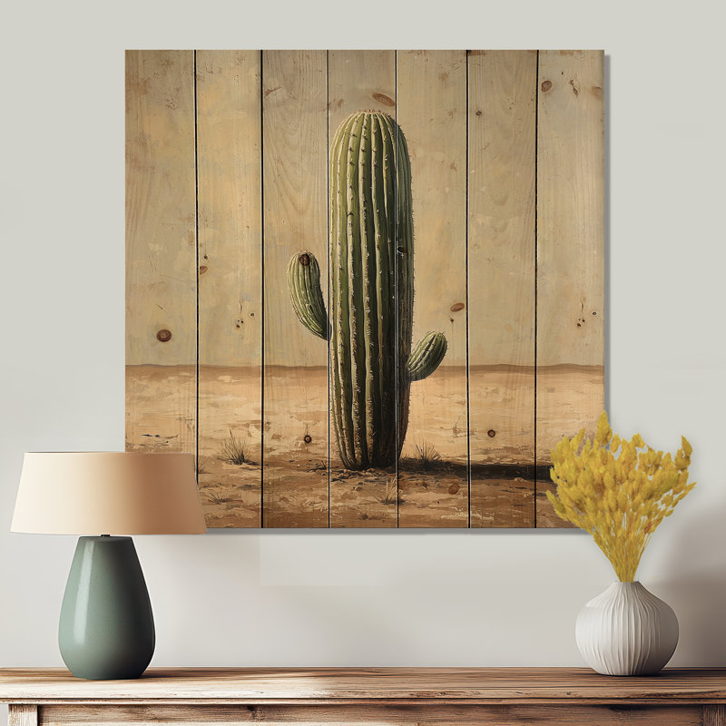Cactus In The Desert IV - Floral Cactus Wood Wall Art - On Natural Pine Wood, 15" H x 15" W x 0.78" D