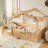 Twin Size Floor Bed With Guardrails And Roof, Kids House Floor Bed With A Small Built-In Tray And Free-Installed Signboard, Childlike Design, Natural-472464055-472464052