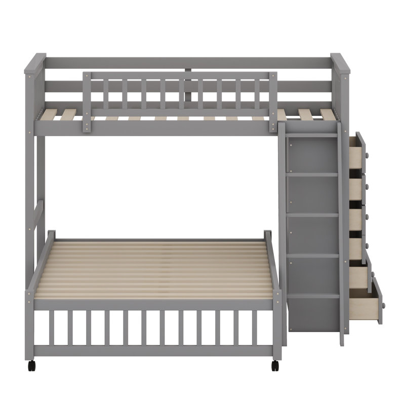Versatile Bunk Bed with Integrated Drawers, Movable Shelves, and Wheeled Lower Frame, Gray