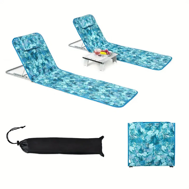3-Piece Green Beach Lounge Chair Mat Set | 2 Adjustable Lounge Chairs With Table