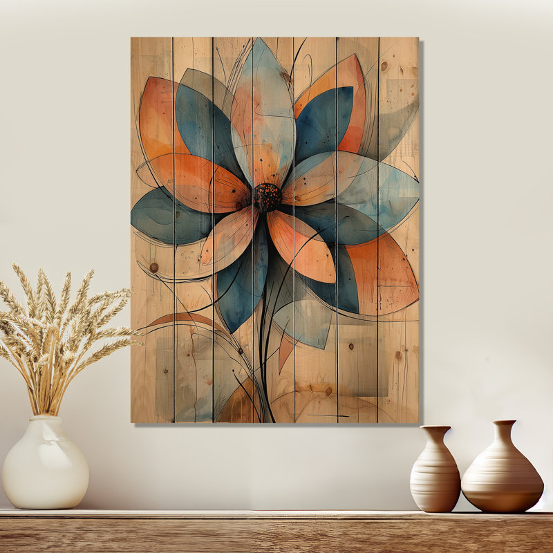 Pastel géométrique Dahlia Twist II - décoration murale en bois de dahlia - sur bois de pin naturel