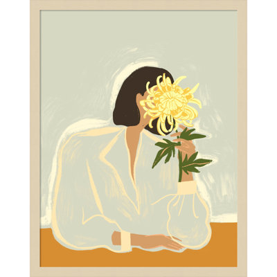 Lady With Chrysanthemum by Arty Guava Wood Framed Wall Art Print