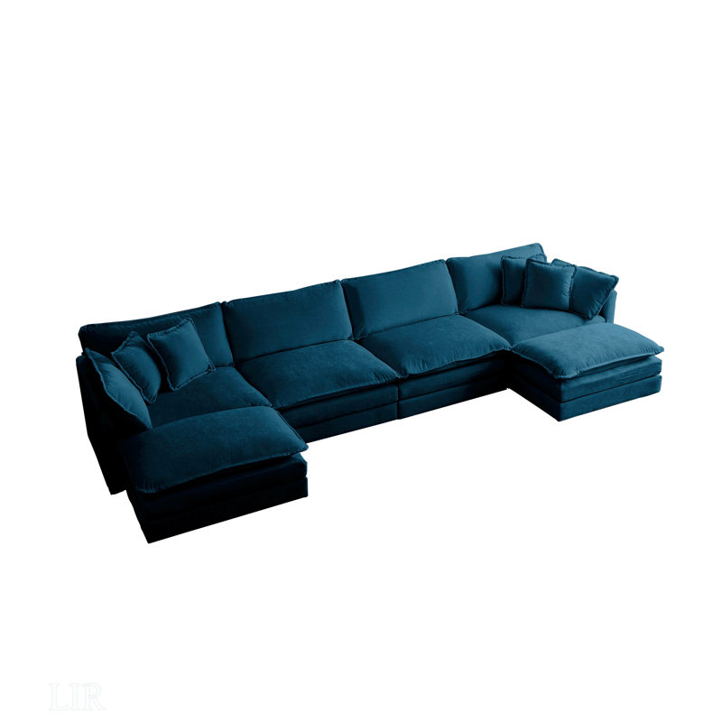 Comfort U Shaped Couch With Reversible Chaise, Modular Large U-Shape Sectional Sofa, Double Extra Ottomans, Blue Chenille