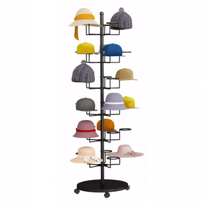 6 Tier Hat Rack with 30 Hooks, Freestanding Hat Rack Stand,Metal Hat Organizer Rack, Rolling Retail Hat Display Rack(Black)