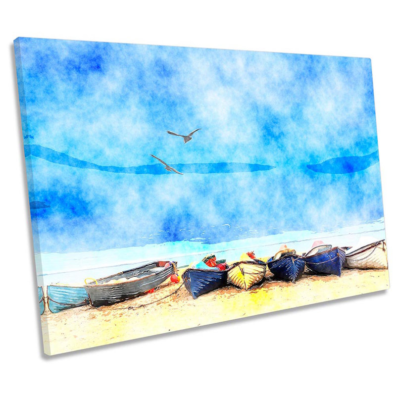 Beach Boats Blue Seascape - Wrapped Canvas Print, 30.5cm H x 45.7cm W x 2cm D