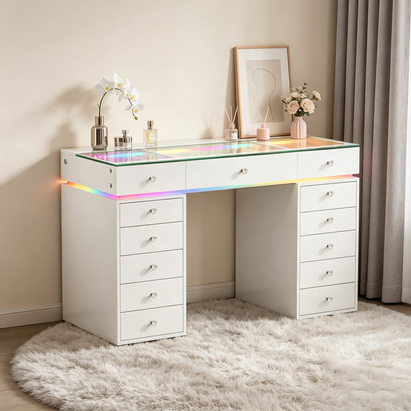 Makeup Vanity Desk HD Glass Top Built-in LED Light Strips Large 13 Drawers, White