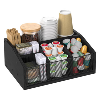 Coffee Bar Station Organizer Wooden Coffee Bar Accessories For Countertop Tea Condiment Organizer For Decor Storage Basket, Black