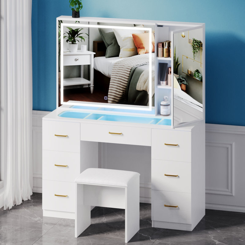 Vanity Desk Set With Large Led Lighted Mirror, Makeup Table With 7 Drawers,glass Tabletop Vanity Desk With Cabinet(glass Tabletop)