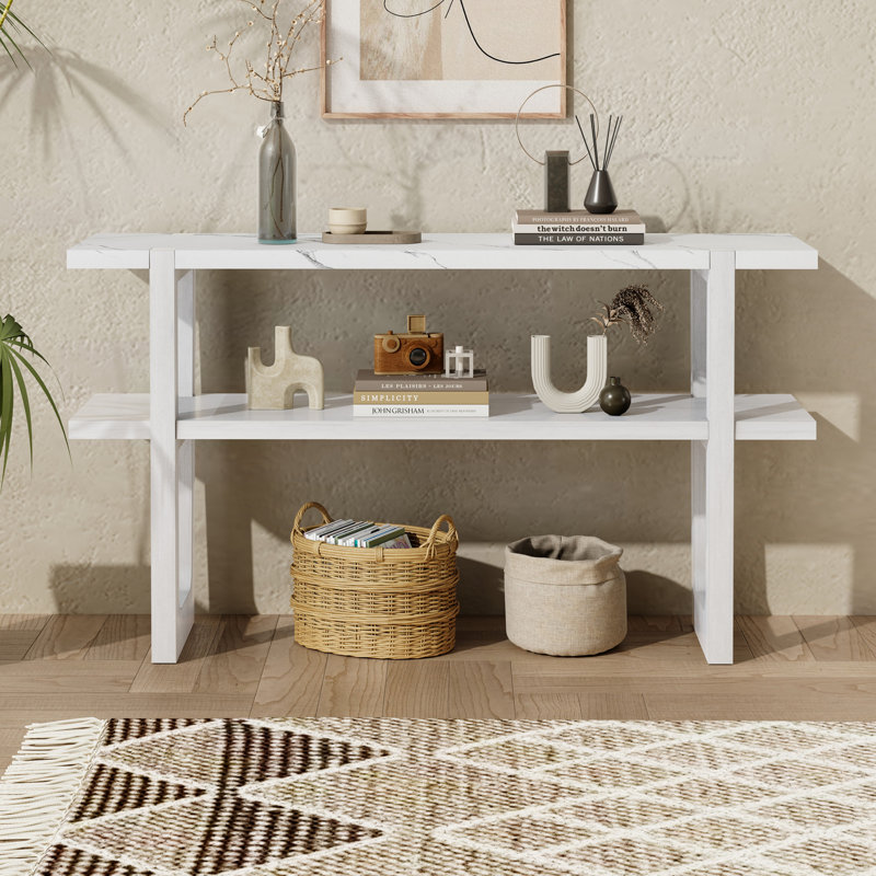 Narrow Console Table with Marble-Effect Top, Retro Entryway Table with Open Shelf, Sofa Table for Entryway, Hallway and Living Room (Espresso)