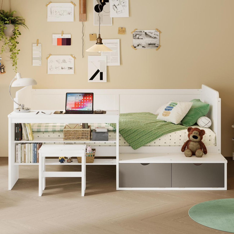 Wooden  Daybed With Storage Shelves And Lockers, Multi-Functional Bed With Study Desk And Matching Stool, White
