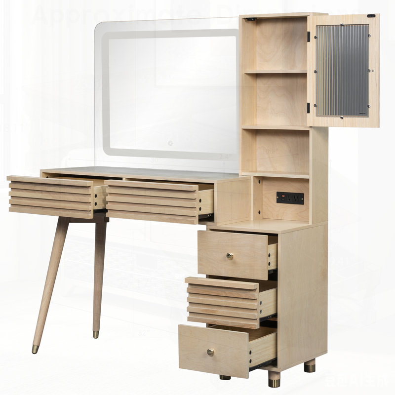 Bureau de maquillage avec miroir et lumières, 5 tiroirs, rangement en verre cannelé et prise de courant pour une élégance et une commodité modernes