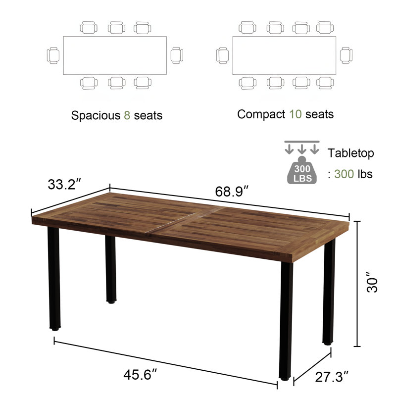 Table de salle à manger pour 6 à 8 personnes, table rectangulaire 70 po en bois d'acacia rustique avec structure en métal, finition sablée
