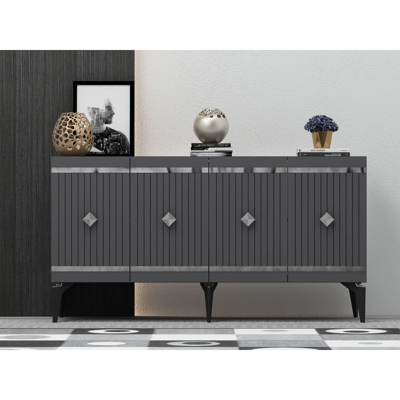 Buffet à 4 portes or / argent avec portes cannelées et garniture de panneau, Argent / anthracite