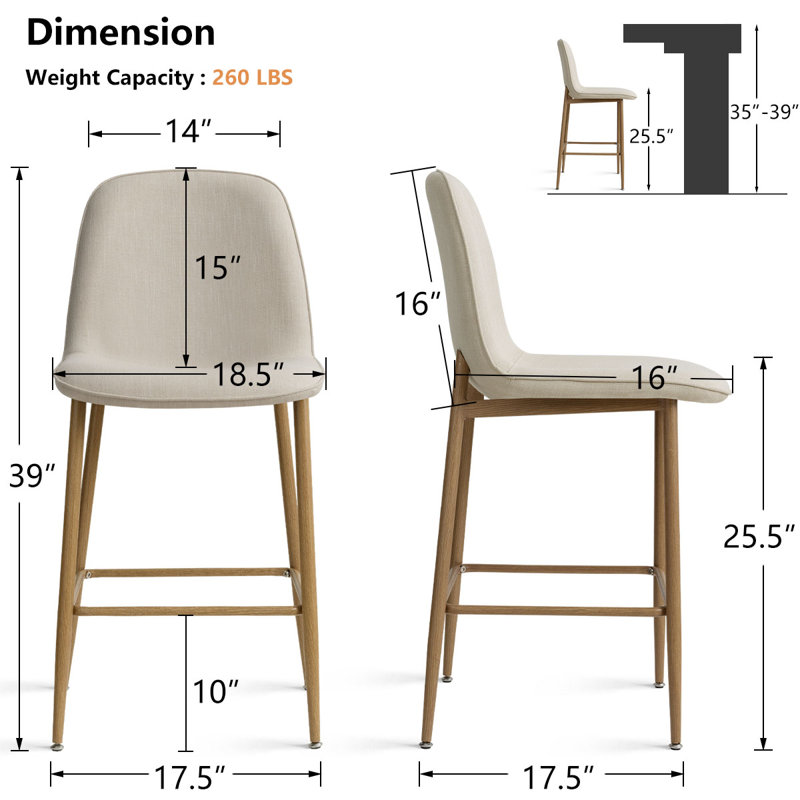  25.5" Upholstered Full Back Counter Stools, Beige