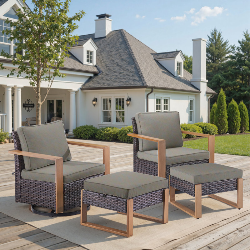 Ensemble de meubles de patio 4 pièces, chaises modulaires pivotantes en osier et rotin, Gris, Brun