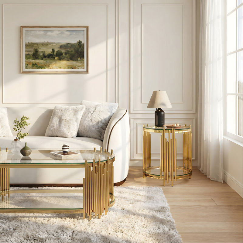 Ensemble de tables basses et tables d'appoint Modern Luxury, 2 tables gigognes ovales en verre avec tiges verticales en métal, finition dorée polie pour le bureau du salon