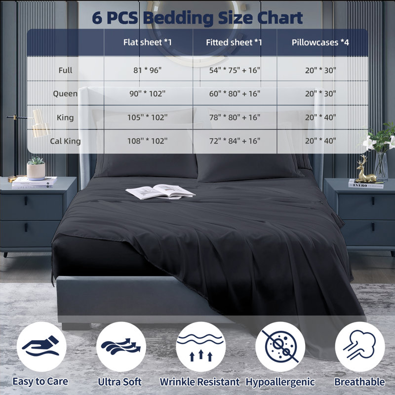 Ensemble de literie pour lit très grand en microfibre à séchage rapide Six pièces, Gris / noir