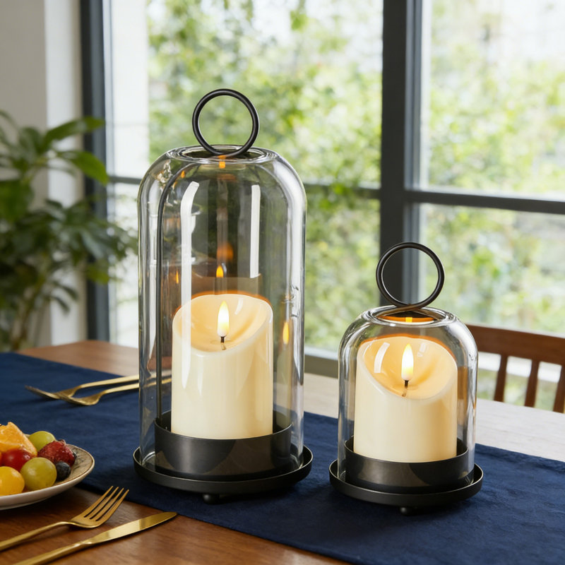 Brass Hurricane Candle Holders Set Of 2 With Glass Domes, For Pillar Candles And Plants, Black