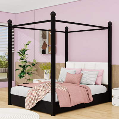 Lit plateforme à baldaquin luxueux avec tête de lit tapissier en lin