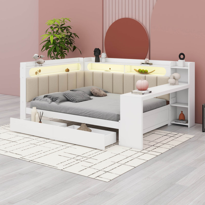 Lit de jour double avec tiroirs de rangement et bureau, lit d'angle en forme de L avec bibliothèque à DEL, Blanc