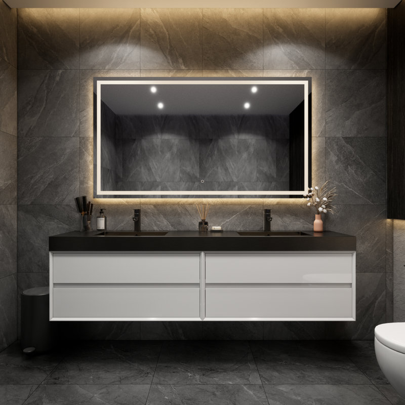 Ensemble de meuble-lavabo double mural 84 po Golitz, Blanc brillant